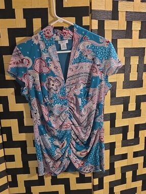Bisou Bisou Teal Paisley Maternity Top with Red Accents